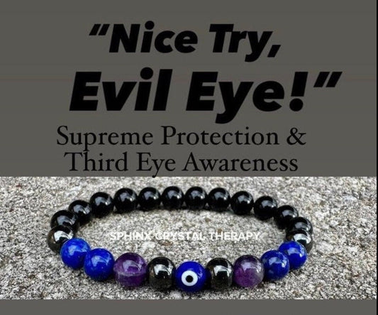8mm Aura Shield - Protection & Intuition " Nice Try Evil Eye " Nazaar Amulet - AAA Lapis - Black Tourmaline - Real Crystal Healing Gemstones