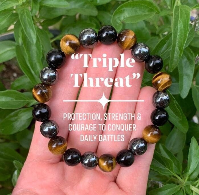 MENS 10MM Protection Bracelet - Strength - Courage " Triple Threat " Aura Shield - Confidence - Anxiety Relief  - Crystal Healing Gemstones