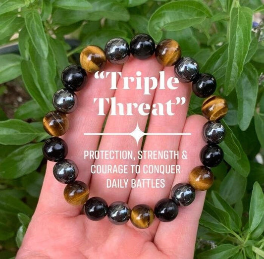 MENS 10MM Protection Bracelet - Strength - Courage " Triple Threat " Aura Shield - Confidence - Anxiety Relief  - Crystal Healing Gemstones