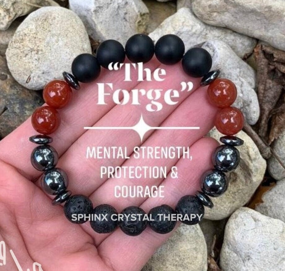 MENS 10mm Mental Strength & Courage " The Forge " High Quality Gemstones - Black Onyx / Carnelian - Crystal Healing Confidence Bracelet