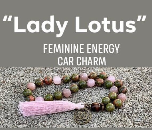 Balance Feminine Energies - Mala Car Charm " Lady Lotus " Self Love & Confidence - Crystal Healing and Gemstone Rear View Mirror Ornament