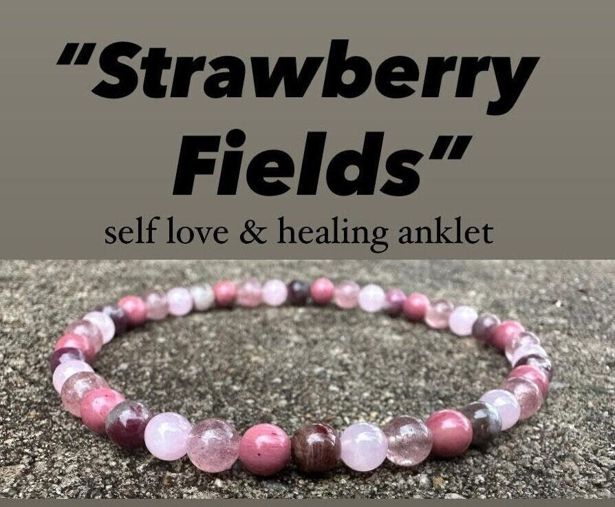 Self Love & Emotional Healing Anklet - Depression " Strawberry Fields "  Strawberry Quartz - Eudialyte - AAA Crystal Gemstone Ankle Bracelet