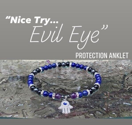 Evil Eye Protection - Negativity Block - Aura Shield - Nazaar Amulet - High Grade REAL Gemstones - Third Eye - Crystal Healing Anklet