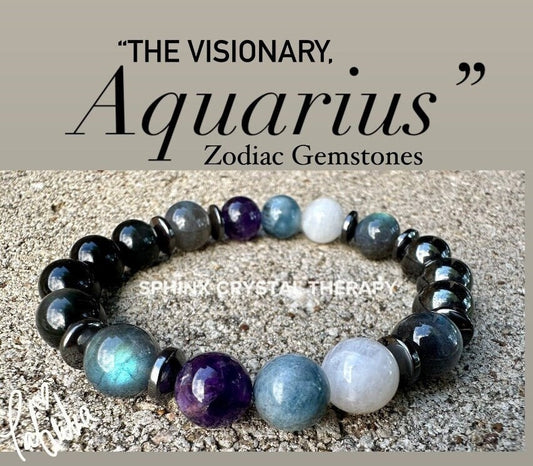 10MM Aquarius Energy - Zodiac Astrology Bracelet " The Visionary, Aquarius " January February Birthday - Crystal Healing Gemstone Bracelet