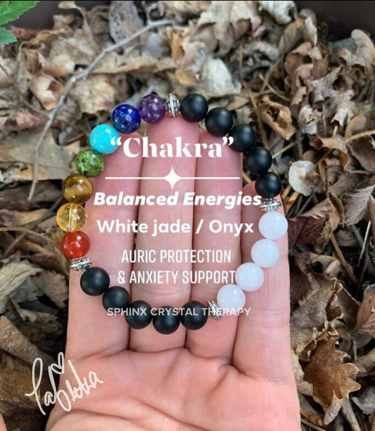 Chakra Balance - Anxiety Relief & Stress Support - Emotional Healing -  Calming White Jade - Onyx Protection - Crystal Gemstone Bracelet