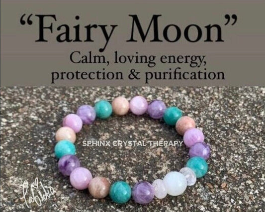 Calming Energy - Stress Anxiety Support " Fairy Moon " Protection - AAA Kunzite - Amazonite - Moonstone - Fluorite Crystal Gemstone Bracelet