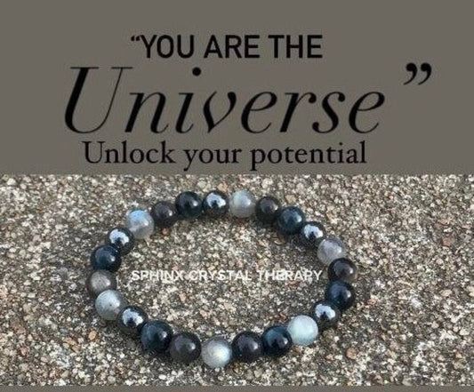 Self Empowerment - Strength & Courage " You are the Universe " AAA Blue Tigers Eye - Labradorite - Silver Obsidian Crystal Gemstone Bracelet