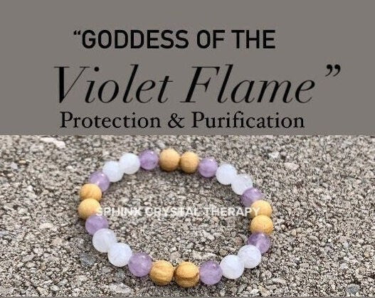 Aura Shield " Goddess of The Violet Flame " Empath Psychic Protection - AAA Moonstone - Amethyst - Palo Santo Gemstone Crystal Bracelet