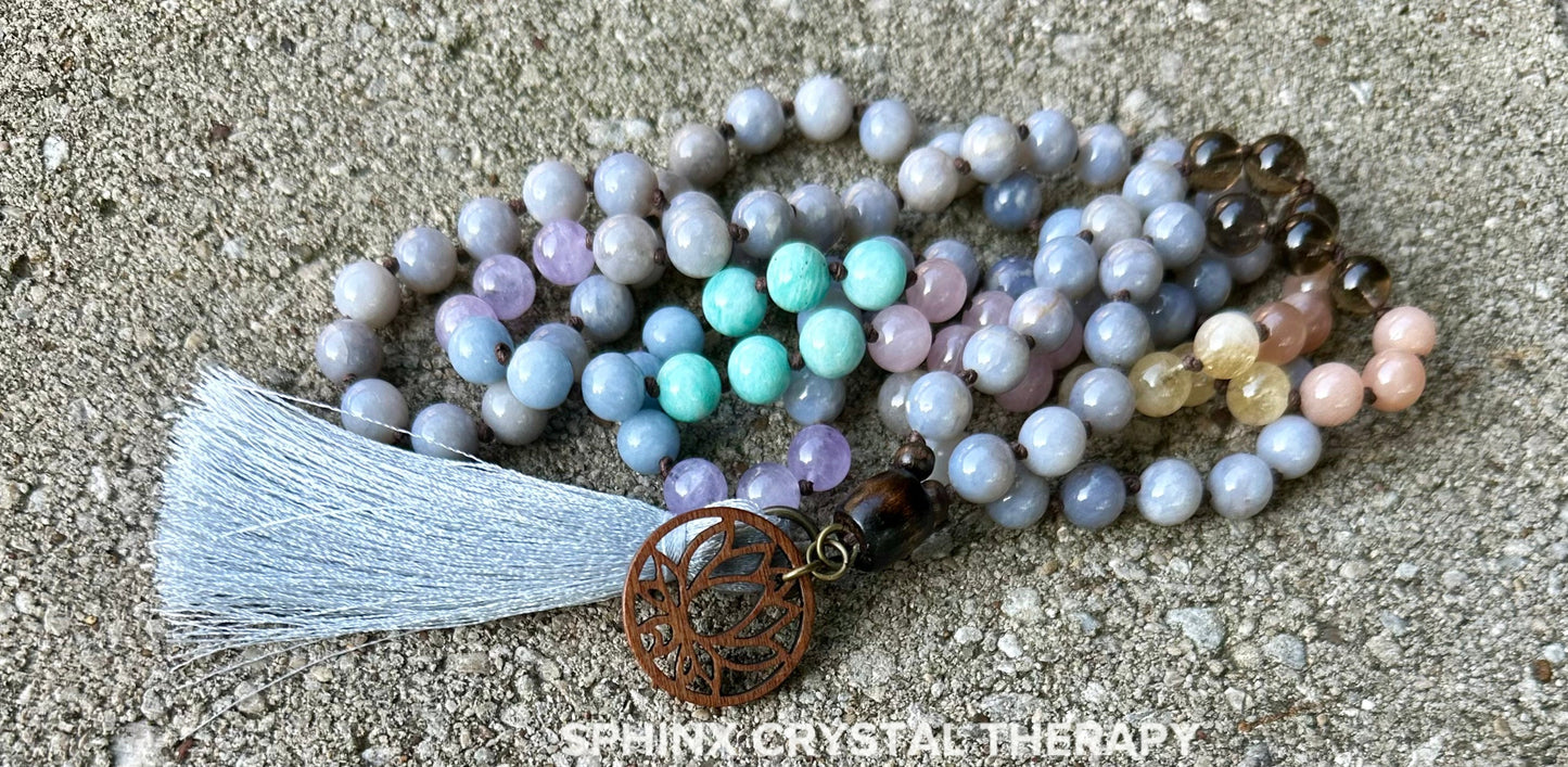 RARE AAA Blue Rose Quartz Mala - Self love & Emotional Healing - PASTEL Chakra Stones - Stress Anxiety Grief Support - 108 Crystal mala