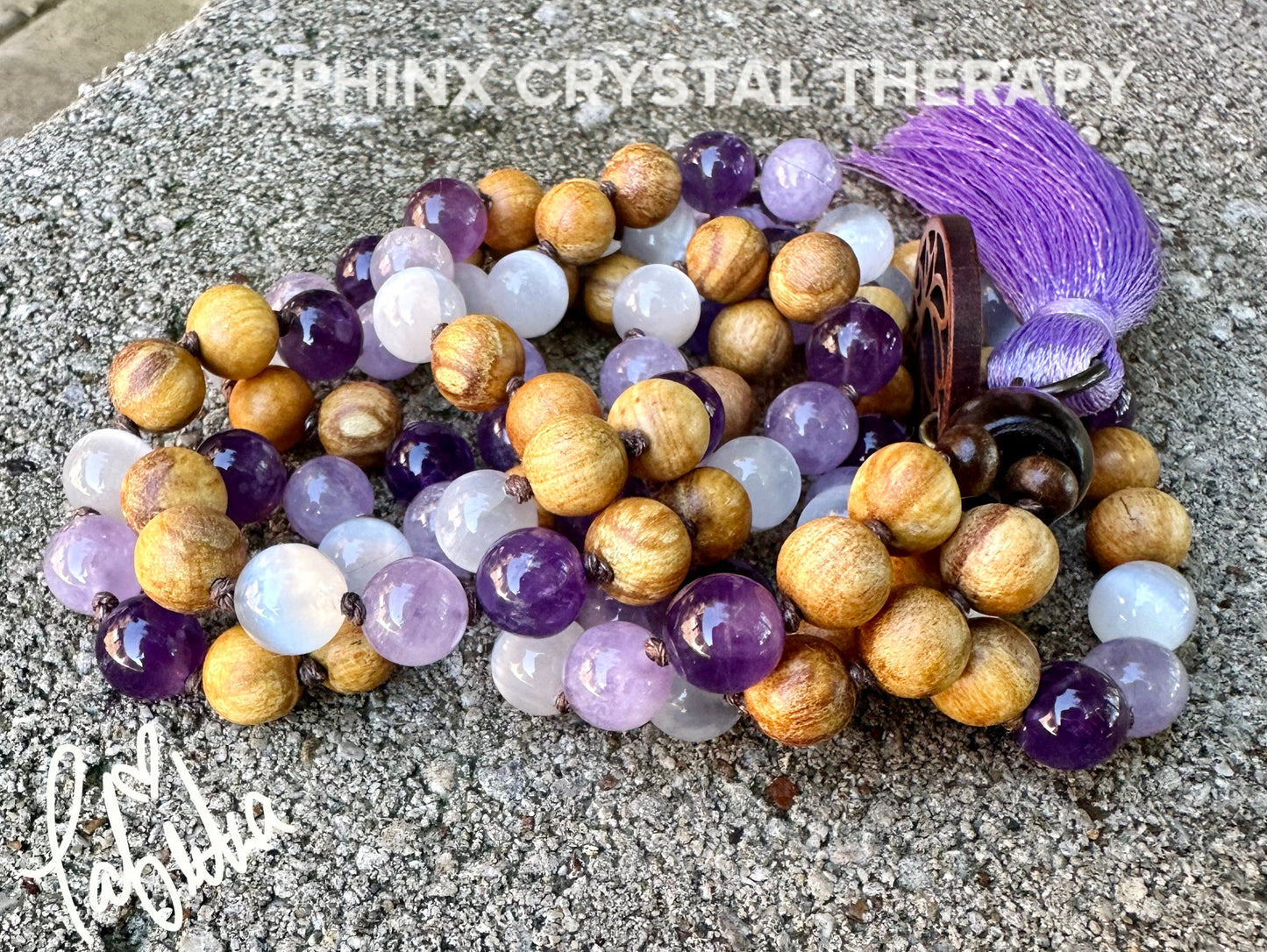 High Vibration Mala " The Light Worker " Divine Healer - Amethyst - Selenite - Real Crystal Healing Gemstones - Palo Santo Mantra Necklace