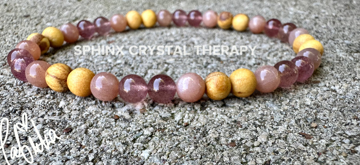 Emotional Healing & Stress Support Anklet " Goddess of Renewal " AAA Moonstone - Strawberry Quartz - Palo Santo - REAL Gemstone and Crystals