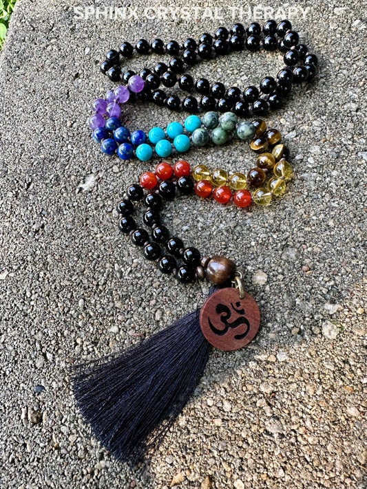 Chakra Protection & Energy Balance Mala Necklace - Vibrational Healing Stones - Black Onyx - AAA Gemstones - 108 Mantra Crystal Healing