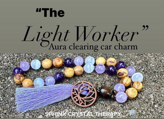 High Vibration Car Charm " The Light Worker " Divine Healer - Amethyst - Selenite - Crystal Gemstone Palo Santo Rear View Mirror Ornament