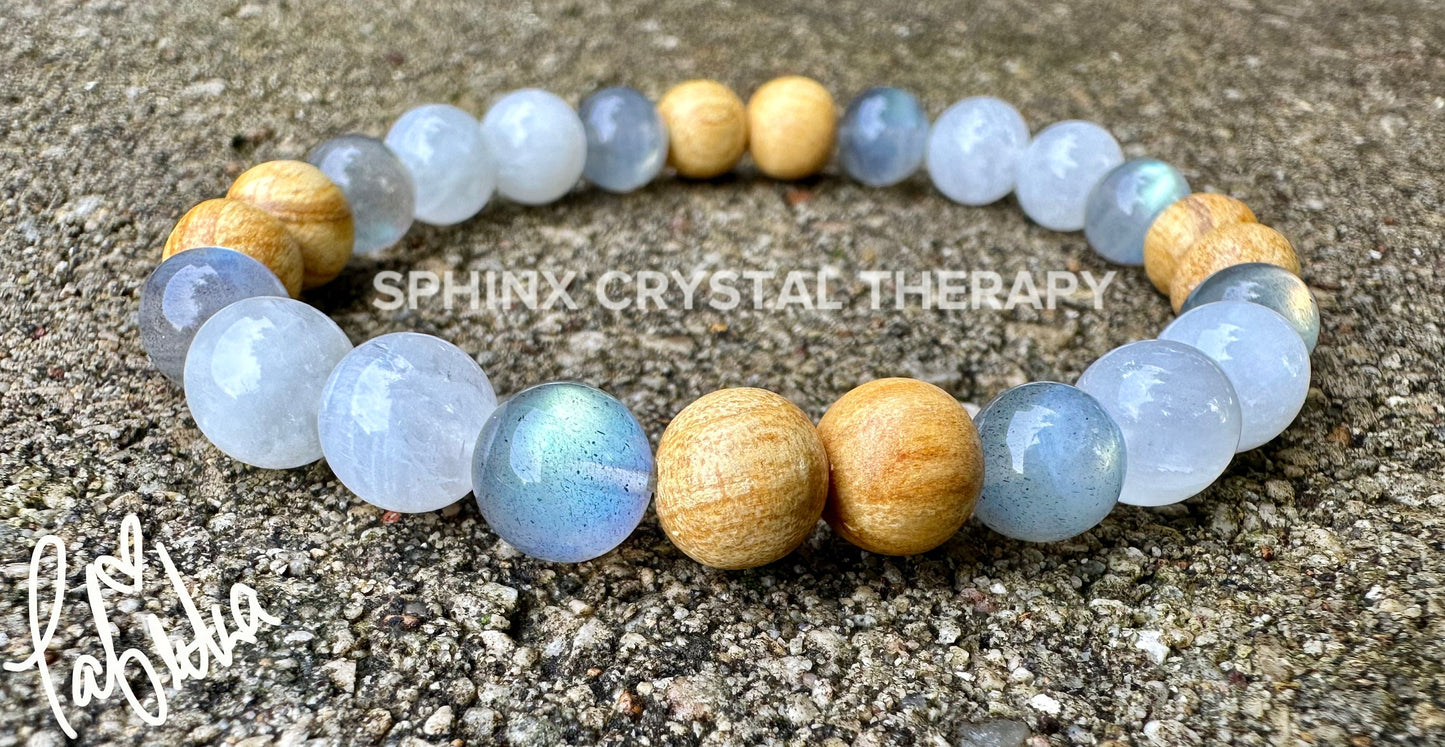Gifted Abilities " Goddess of Magic " Psychic Clairvoyance - Divine Feminine - Moonstone Labradorite Palo Santo Gemstone Crystal Bracelet