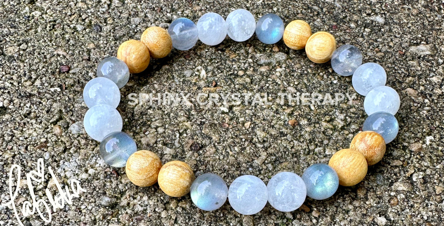 Gifted Abilities " Goddess of Magic " Psychic Clairvoyance - Divine Feminine - Moonstone Labradorite Palo Santo Gemstone Crystal Bracelet