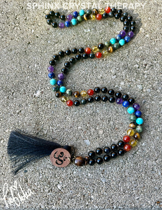 Chakra Mala - Protection & Energy Balance Necklace - Vibrational Stones - Black Obsidian - AAA Real Crystal Healing Gemstones - 108 Mantra
