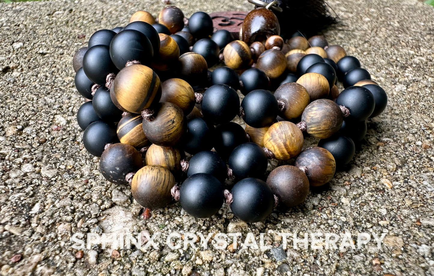 Protection & Anxiety Support Mala "Battle Ropes" Strength and Courage - Real Crystal Healing Gemstones - 108 Stone Mantra Mediation Necklace