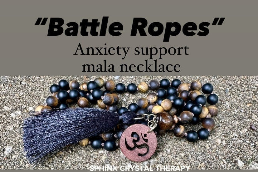 Protection & Anxiety Support Mala "Battle Ropes" Strength and Courage - Real Crystal Healing Gemstones - 108 Stone Mantra Mediation Necklace