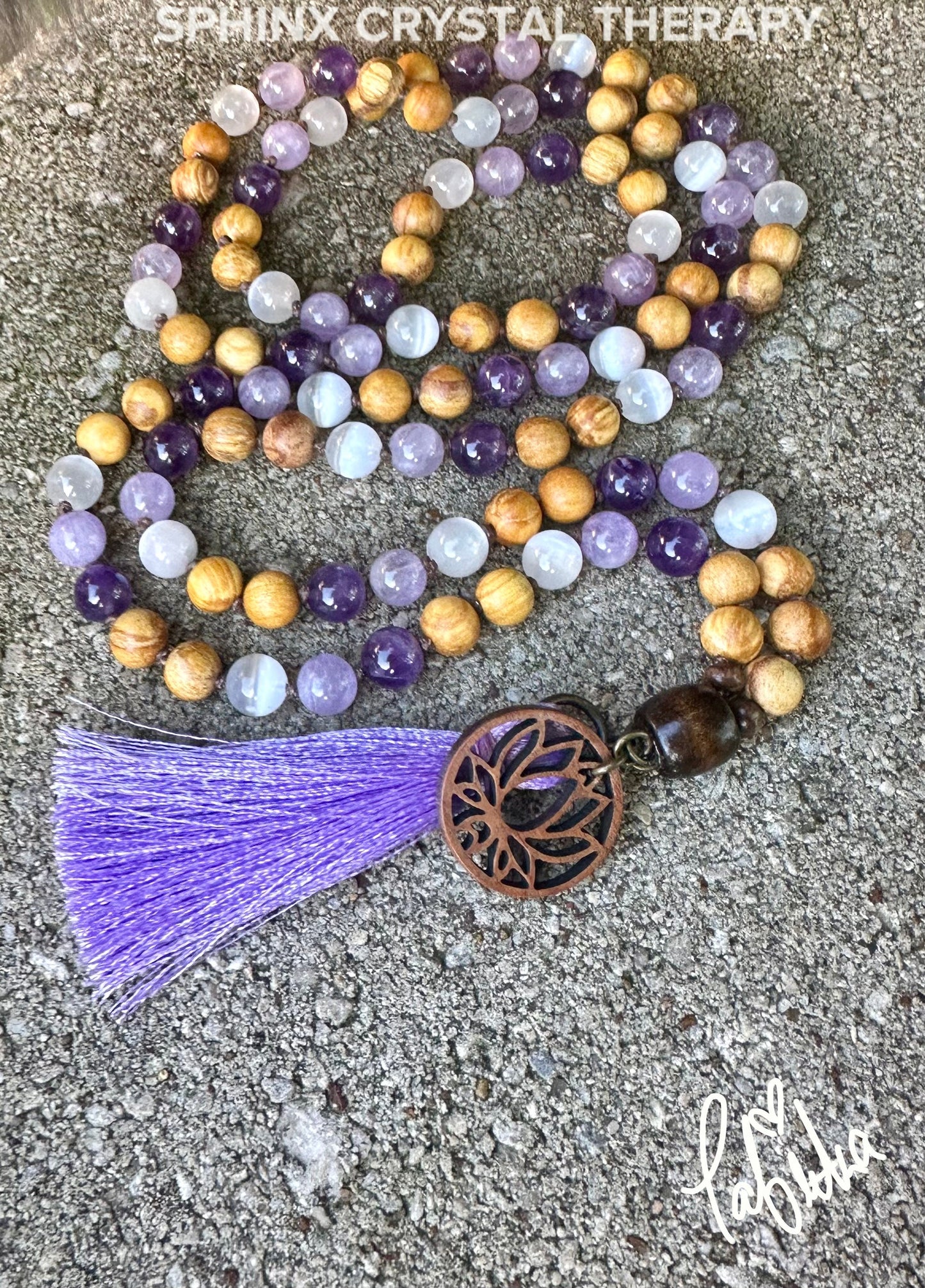 High Vibration Mala " The Light Worker " Divine Healer - Amethyst - Selenite - Real Crystal Healing Gemstones - Palo Santo Mantra Necklace