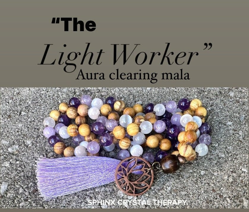 High Vibration Mala " The Light Worker " Divine Healer - Amethyst - Selenite - Real Crystal Healing Gemstones - Palo Santo Mantra Necklace