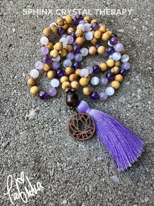 High Vibration Mala " The Light Worker " Divine Healer - Amethyst - Selenite - Real Crystal Healing Gemstones - Palo Santo Mantra Necklace