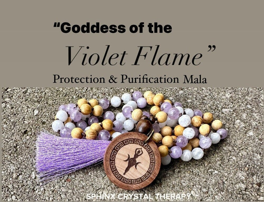 High Vibration Mala Necklace " The Goddess of the Violet Flame " Higher Consciousness - Mantra Meditation - AAA Crystal Healing Gemstones
