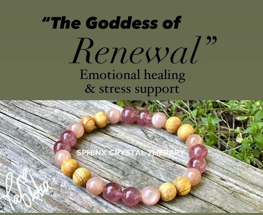 Emotional Healing & Stress Support " Goddess of Renewal " AAA Moonstone - Strawberry Quartz - Palo Santo - REAL Gemstone Crystal Bracelet
