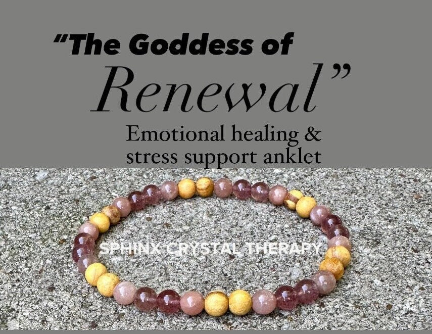 Emotional Healing & Stress Support Anklet " Goddess of Renewal " AAA Moonstone - Strawberry Quartz - Palo Santo - REAL Gemstone and Crystals
