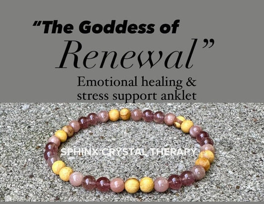 Emotional Healing & Stress Support Anklet " Goddess of Renewal " AAA Moonstone - Strawberry Quartz - Palo Santo - REAL Gemstone and Crystals
