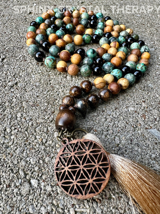 Earth Energy Mala - IMPERFECT STONES Spiritual Grounding  " Voice Of The Earth " Crystal Healing Gemstones DISCOUNTED Palo Santo Necklace