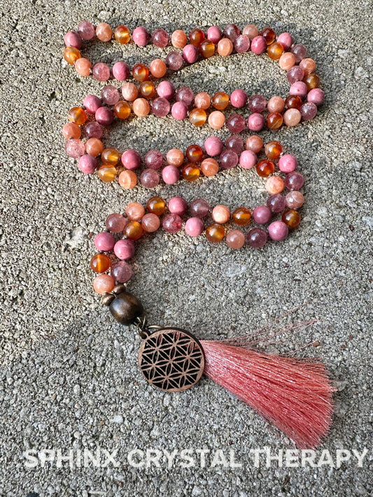 Inspiration & Creativity Mala - Motivation "After the Sunrise" Strawberry Quartz - Sunstone - High Quality Crystal Healing Gemstone Necklace