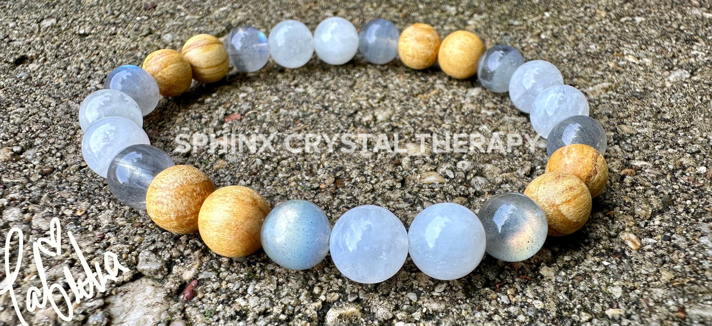 Gifted Abilities " Goddess of Magic " Psychic Clairvoyance - Divine Feminine - Moonstone Labradorite Palo Santo Gemstone Crystal Bracelet