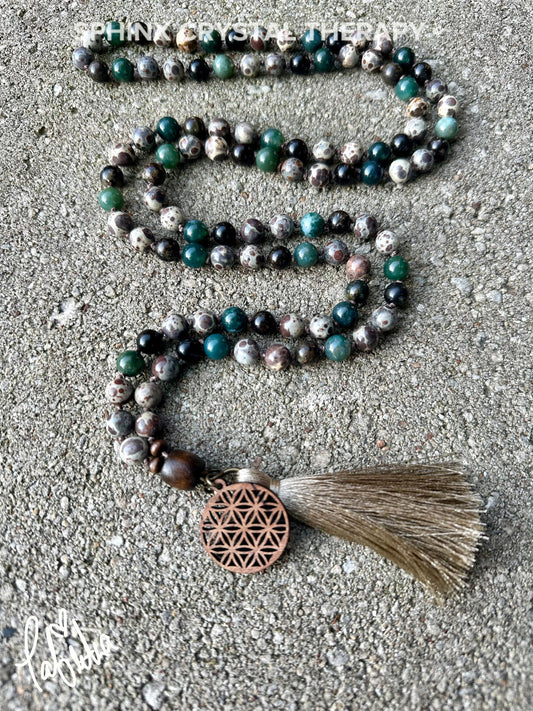 Positivity and Protection Mala - Uplifting Energy " The Earth Living Totem " Jasper - Phlogopite - Moss Agate - Crystal Gemstone Necklace