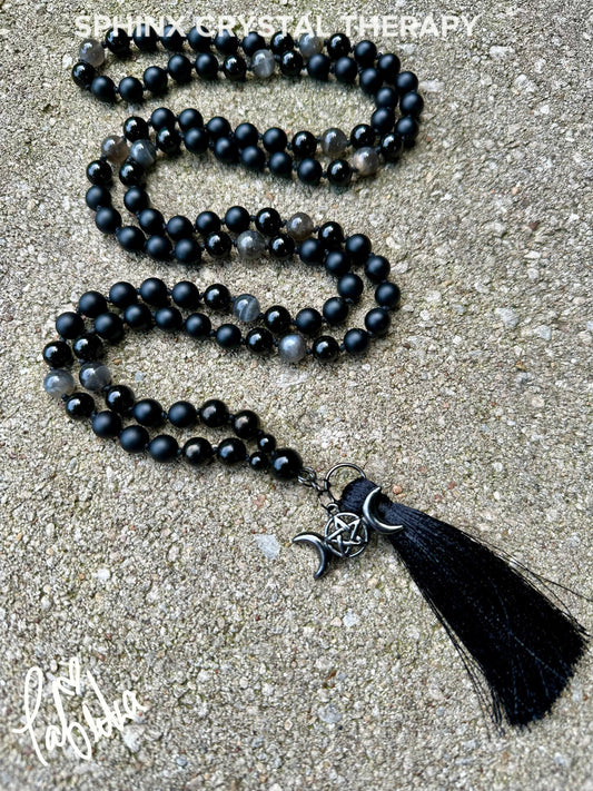 Triple Moon Goddess Mala - RARE Black Moonstone " Queen Of Shadows " Hecate Spiritual Protection - Onyx - Jet - Crystal Healing Necklace