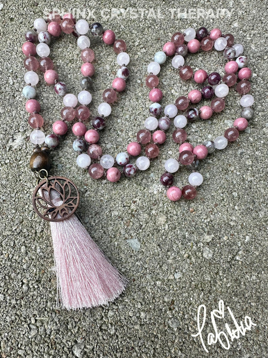Self Love & Emotional Healing Mala Necklace " Strawberry Fields " Strawberry Quartz - Eudialyte - Hand Knotted 108 Crystal Healing Gemstones