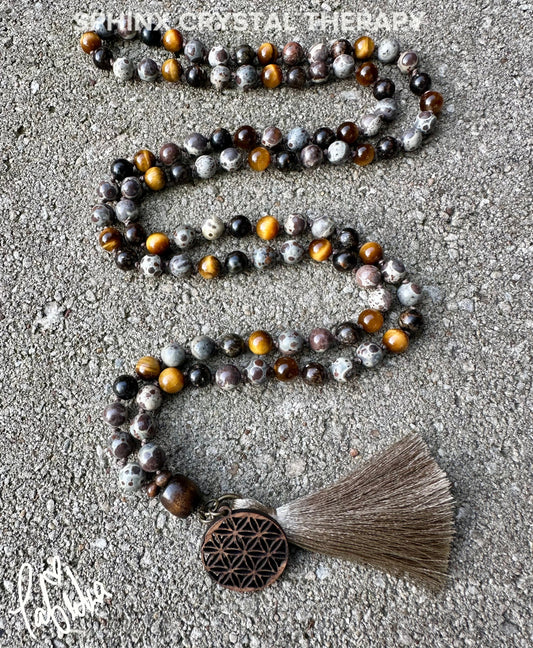 Anxiety & Stress Support Mala - Protection " The Stone Skin Totem " Tigers Eye - Asteroid Jasper - Phlogopite - Crystal Gemstone Necklace