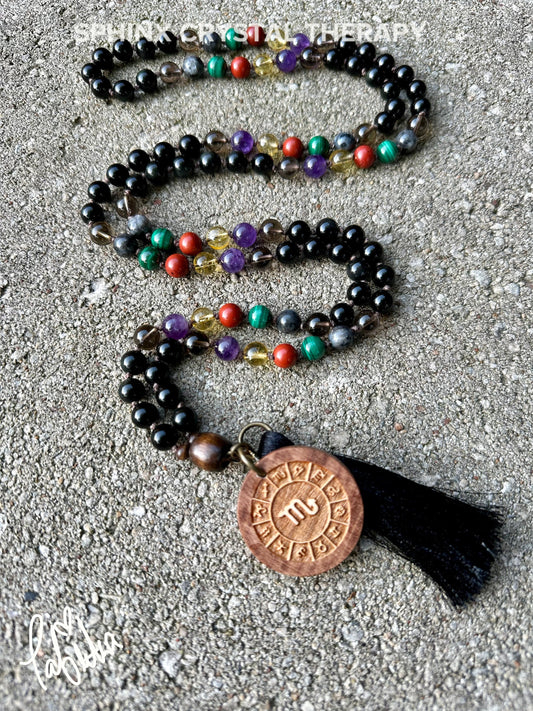 Scorpio Energy Mala - Zodiac Horoscope " The Protector Scorpio " October November Birthday - High Quality Crystal Healing Gemstone Necklace