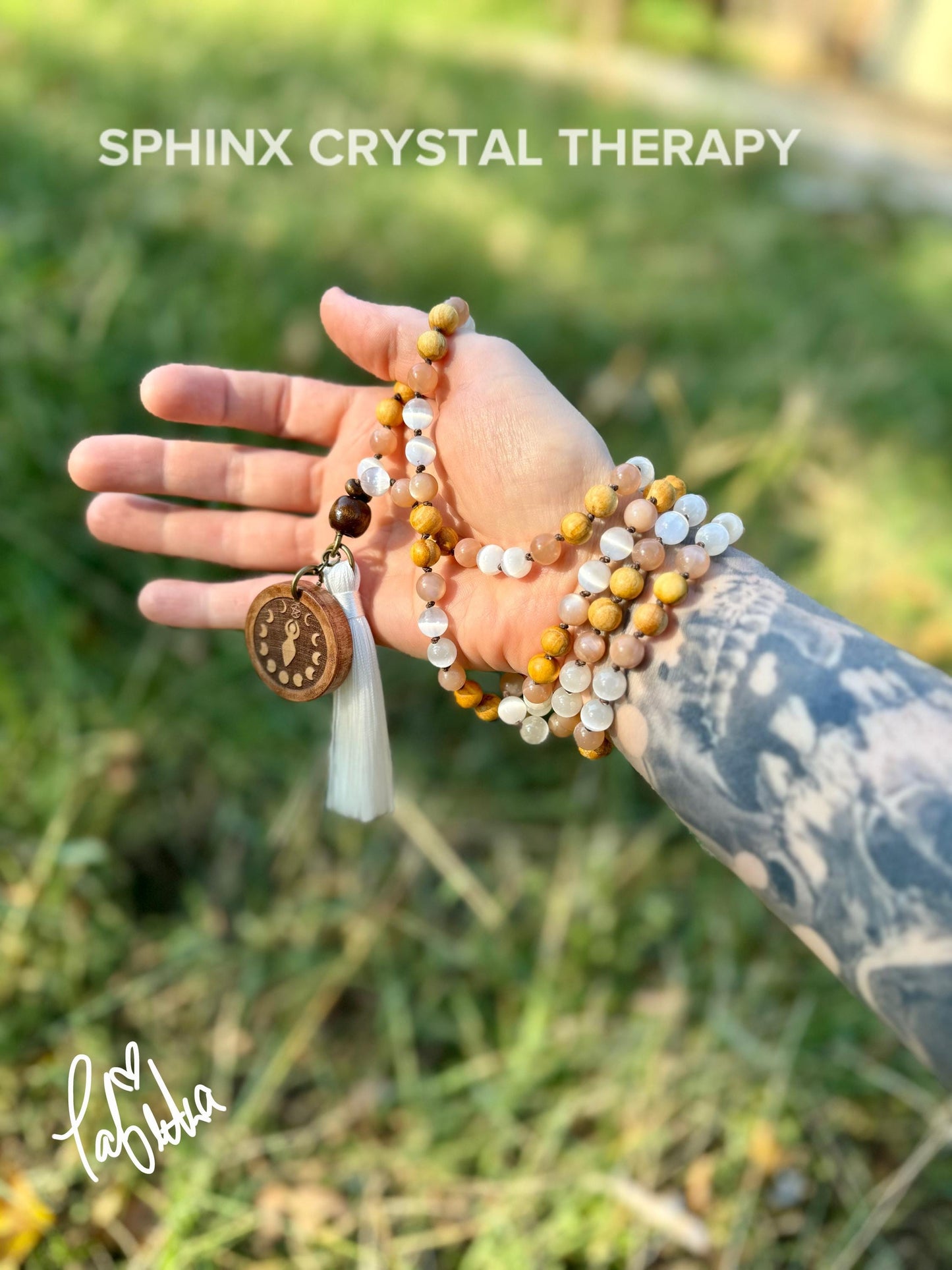 Cleansing Negative Energy Mala ” The White Witch " Spiritual Aura Clearing - Palo Santo Selenite - Quality Crystal Healing Gemstone Necklace