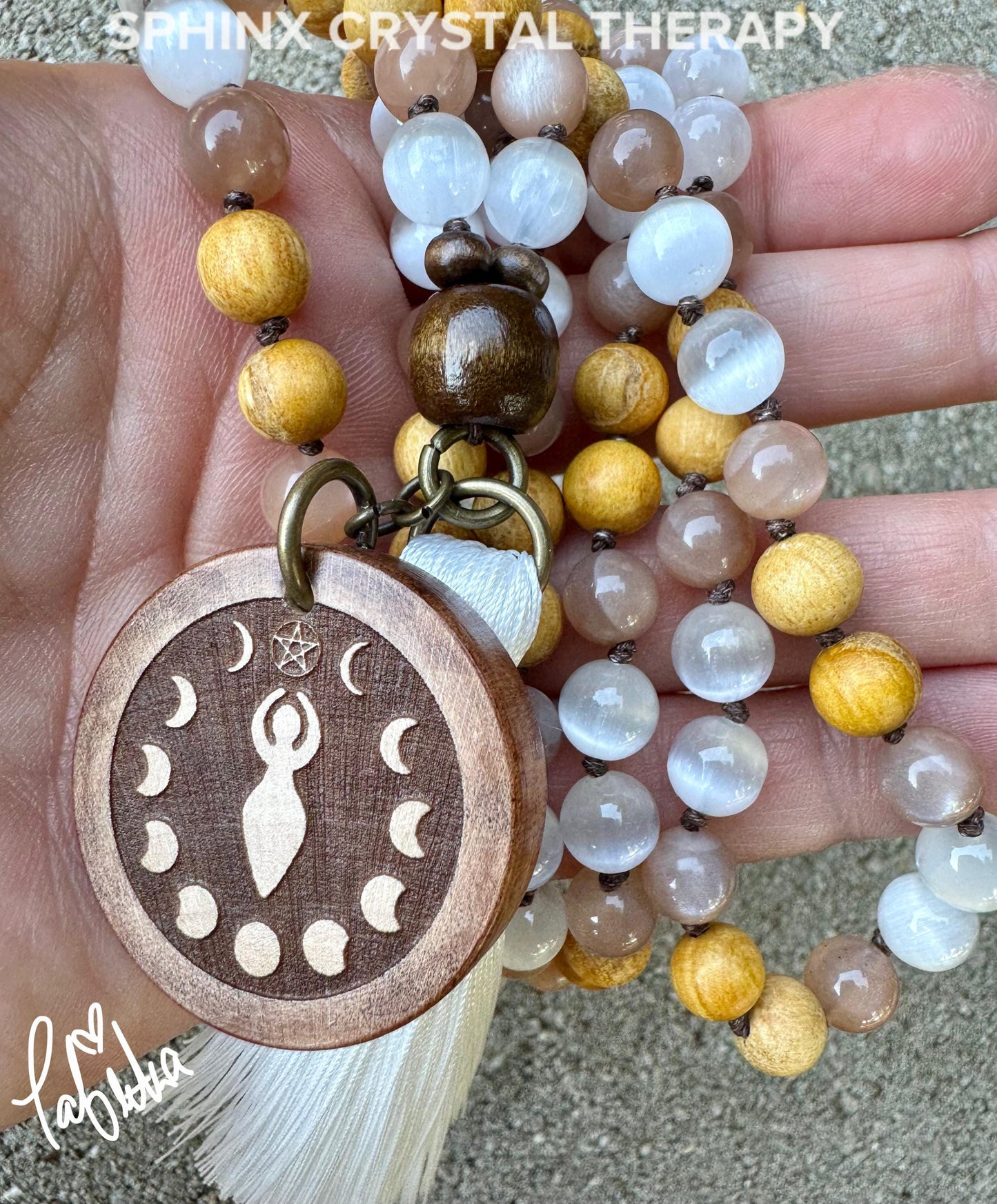 Cleansing Negative Energy Mala ” The White Witch " Spiritual Aura Clearing - Palo Santo Selenite - Quality Crystal Healing Gemstone Necklace