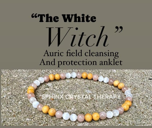 Cleansing Negative Energy Anklet ” The White Witch " Spiritual Aura Clearing - Palo Santo Selenite - Real Crystal Healing Gemstone Bracelet