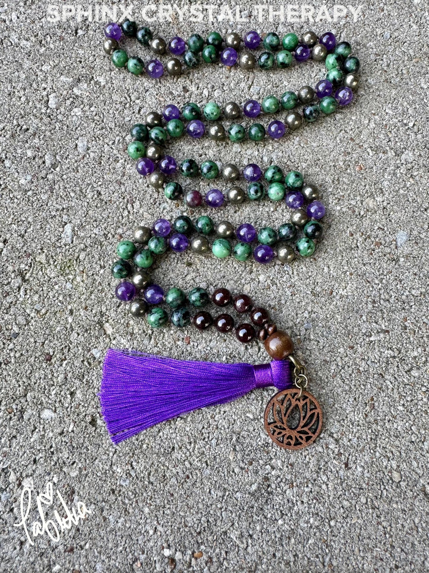 Emotional Healing - Forgiveness - 108 Stone Mala Necklace " The Purge to Freedom " Amethyst - Pyrite - Zoisite - Garnet - Crystal Gemstones