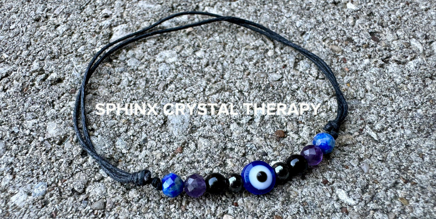 4mm Evil Eye Protection and Intuition Bracelet - Amethyst - Lapis - Onyx - Crystal Healing Gemstones - Minimal & Dainty Adjustable String