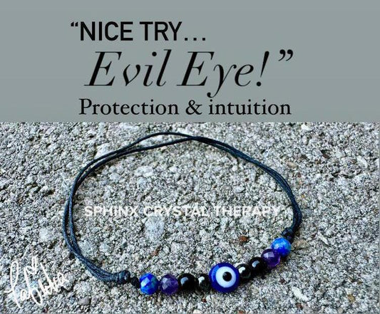 4mm Evil Eye Protection and Intuition Bracelet - Amethyst - Lapis - Onyx - Crystal Healing Gemstones - Minimal & Dainty Adjustable String