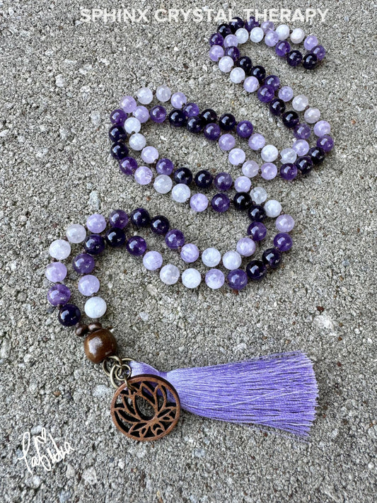 Only One High Vibration Mala " Lady of the Violet Flame " Divine Healer - RARE High Grade Amethyst - Real Crystal Healing Gemstone Necklace