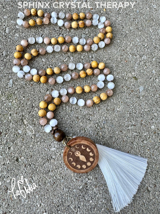 Cleansing Negative Energy Mala ” The White Witch " Spiritual Aura Clearing - Palo Santo Selenite - Quality Crystal Healing Gemstone Necklace