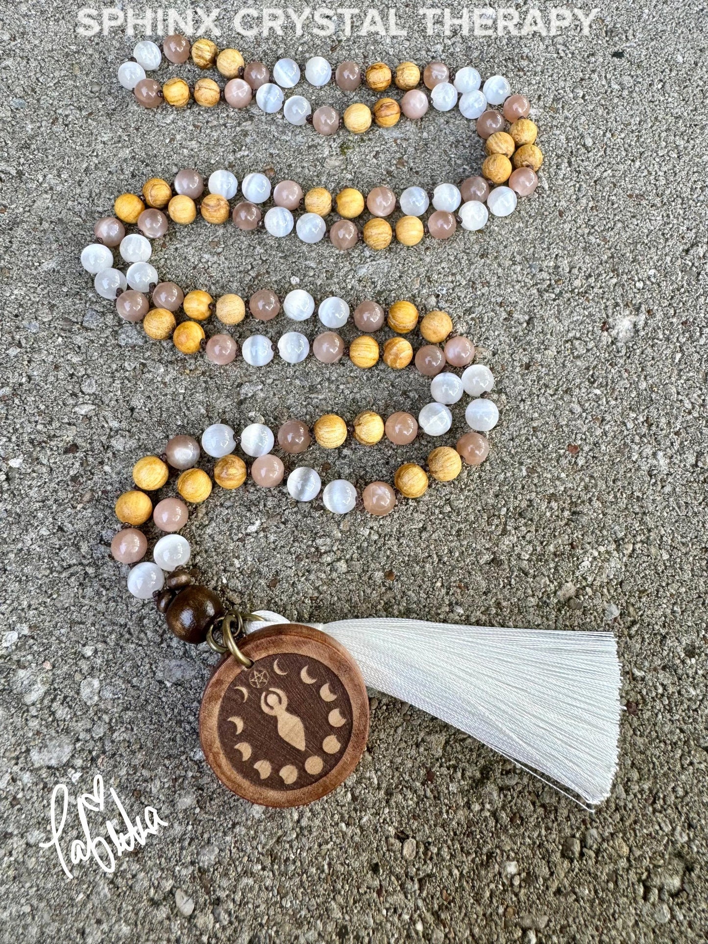 Cleansing Negative Energy Mala ” The White Witch " Spiritual Aura Clearing - Palo Santo Selenite - Quality Crystal Healing Gemstone Necklace