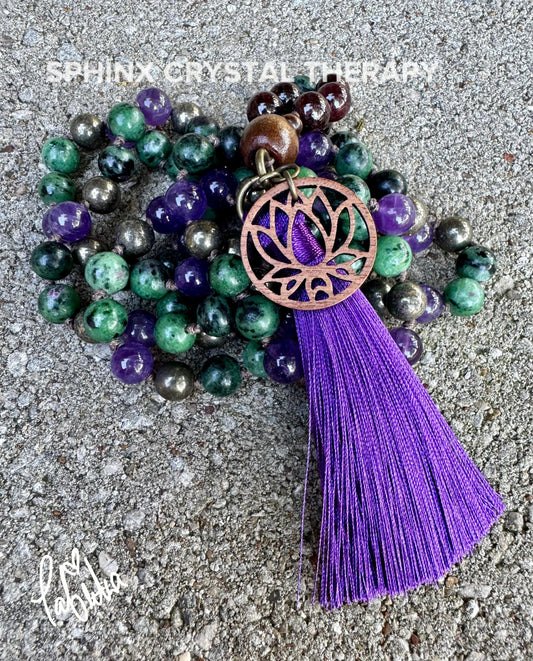 Emotional Healing - Forgiveness - 108 Stone Mala Necklace " The Purge to Freedom " Amethyst - Pyrite - Zoisite - Garnet - Crystal Gemstones