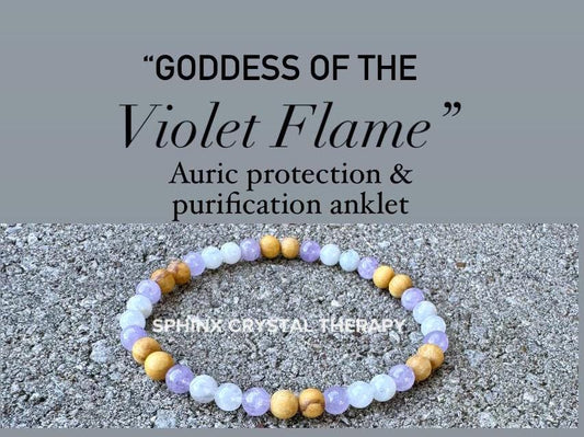 Aura Shield Anklet " Goddess of The Violet Flame " Empath Healer Support - AAA Moonstone - Amethyst - Palo Santo - REAL Crystal Gemstones