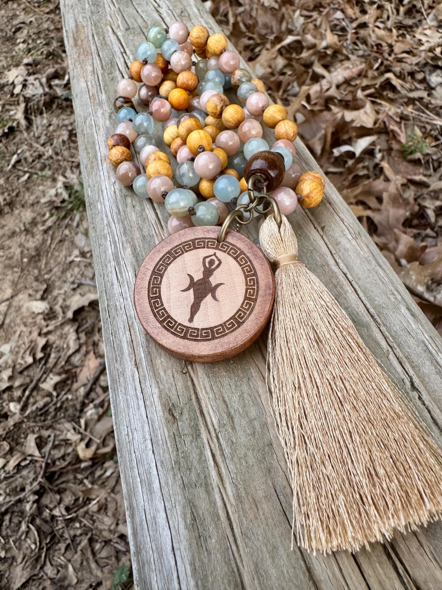 Only One - Spiritual Growth Mala Necklace - Intuition " Goddess of the Ancient Sea " Lemurian Aquatine Calcite Crystals - Palo Santo Wood
