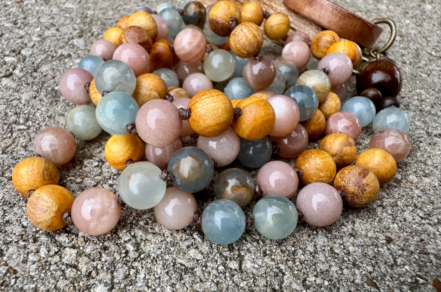 Only One - Spiritual Growth Mala Necklace - Intuition " Goddess of the Ancient Sea " Lemurian Aquatine Calcite Crystals - Palo Santo Wood